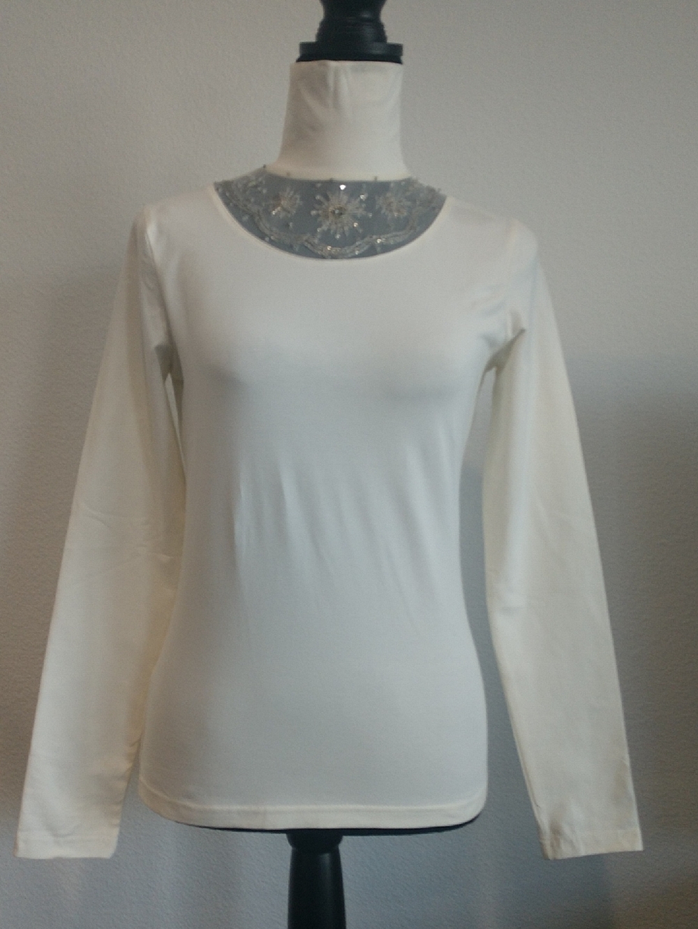 Together Cream Long Sleeve Top with Embellished Sheer Yoke